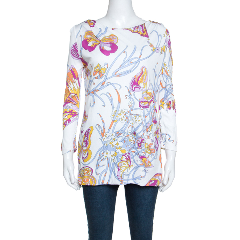 

Emilio Pucci White Butterfly Print Knit Tunic Top M