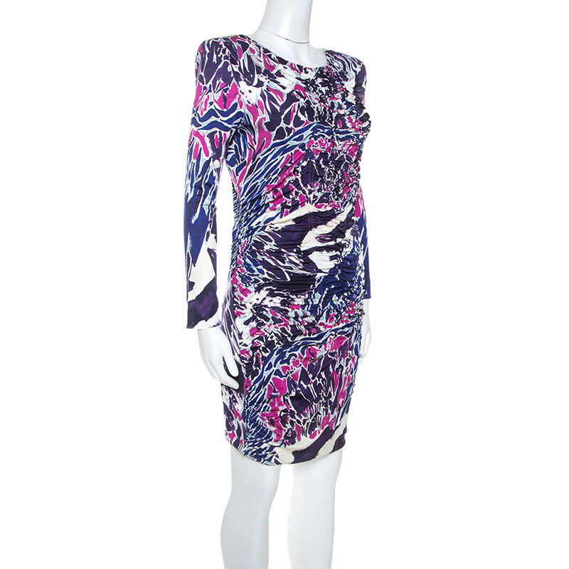 

Emilio Pucci Multicolor Abstract Print Silk Jersey Ruched Detail Dress