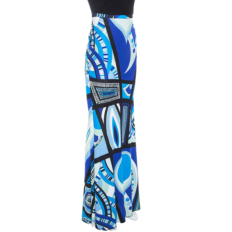 

Emilio Pucci Blue Abstract Printed Jersey Flared Maxi Skirt