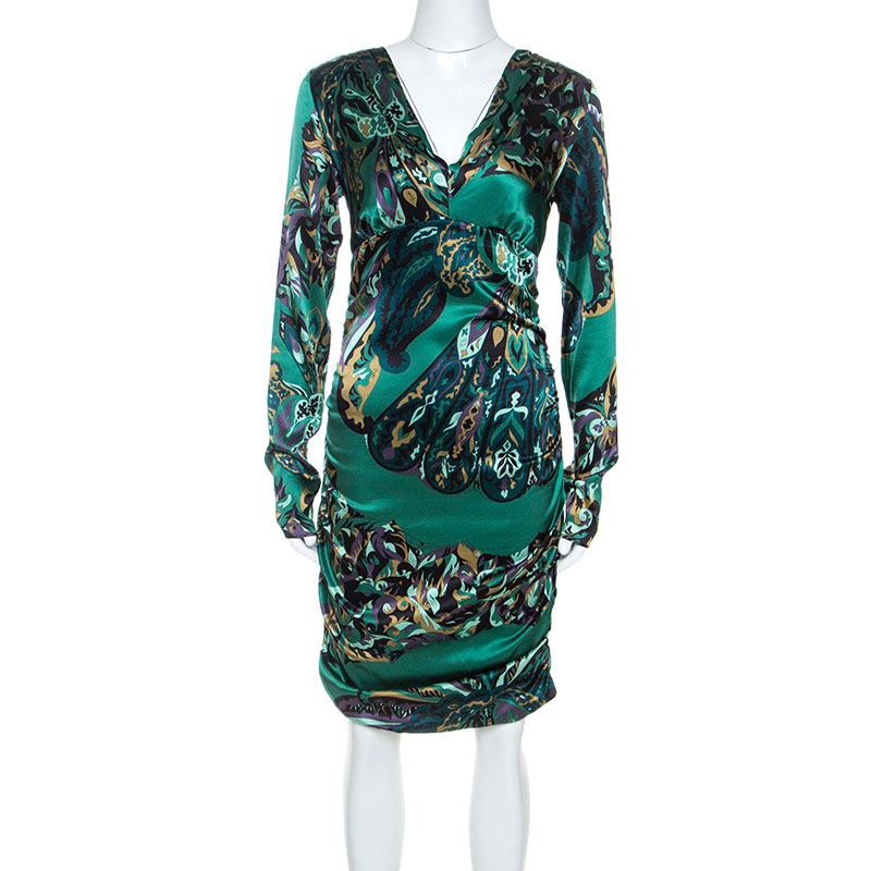 Emilio Pucci Green Printed Stretch Silk Ruched Detail Midi Dress M