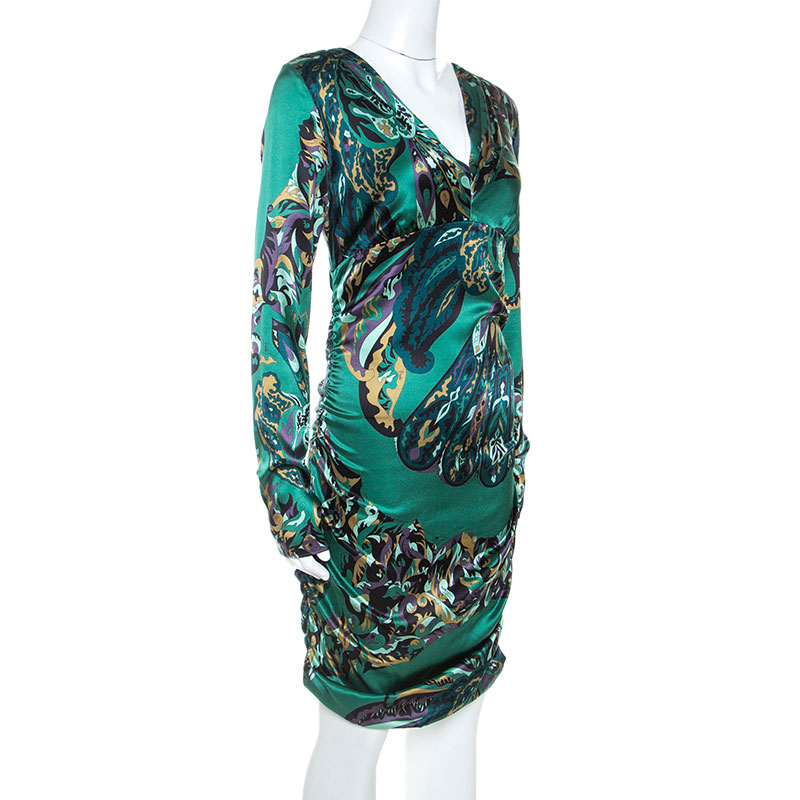 

Emilio Pucci Green Printed Stretch Silk Ruched Detail Midi Dress