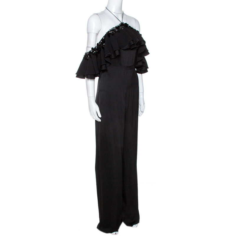 

Emilio Pucci Black Crepe Embellished Ruffle Trim Jumpsuit