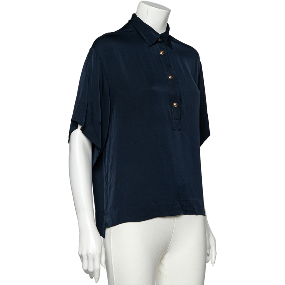 

Emilio Pucci Midnight Blue Stretch Silk Short Sleeve Blouse