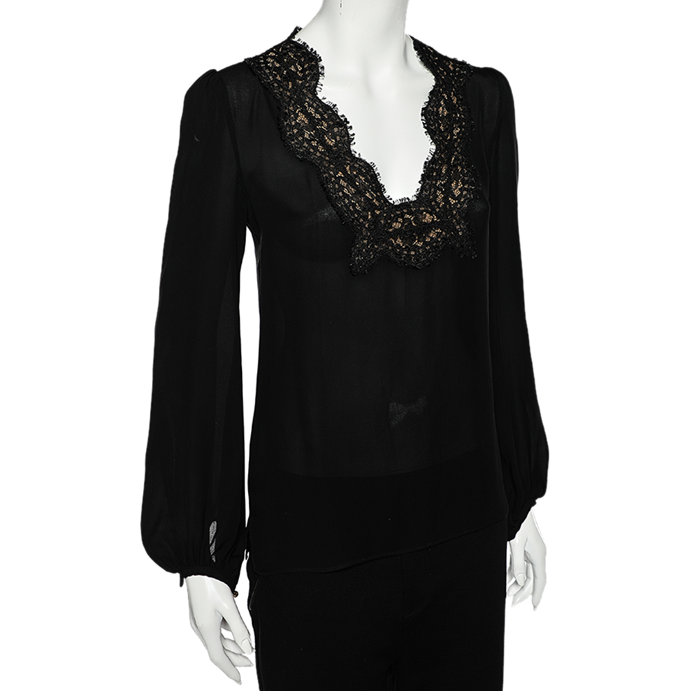

Emilio Pucci Black Silk Lace Trim Long Sleeve Blouse