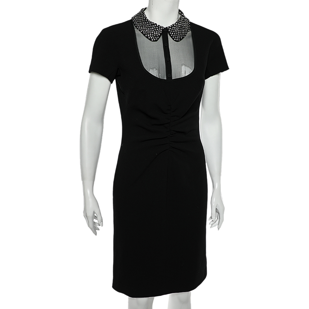 

Emilio Pucci Black Textured Crepe Embellished Collar Detailed Ruched Dress