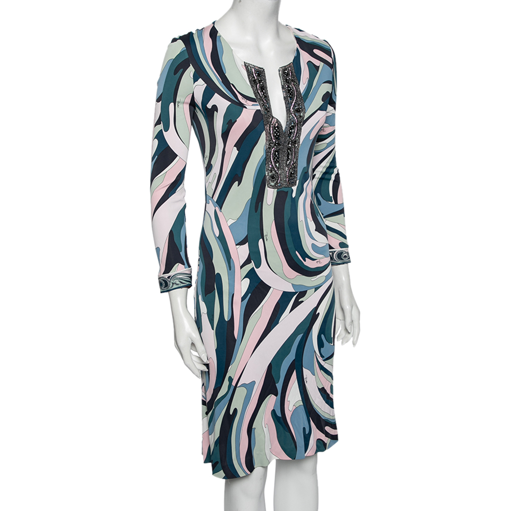 

Emilio Pucci Multicolor Jersey Embellished Long Sleeve Midi Dress