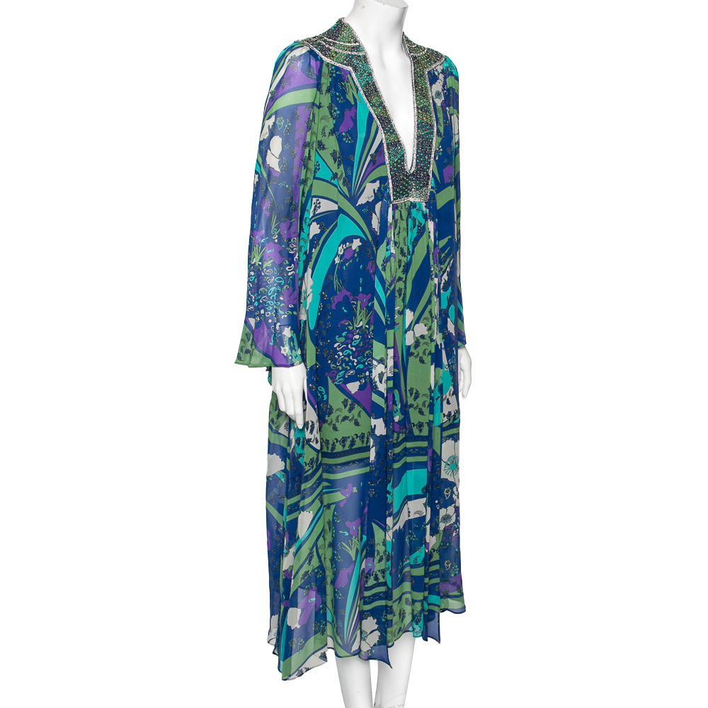 

Emilio Pucci Multicolor Printed Silk Embellished Neck Detail Midi Dress