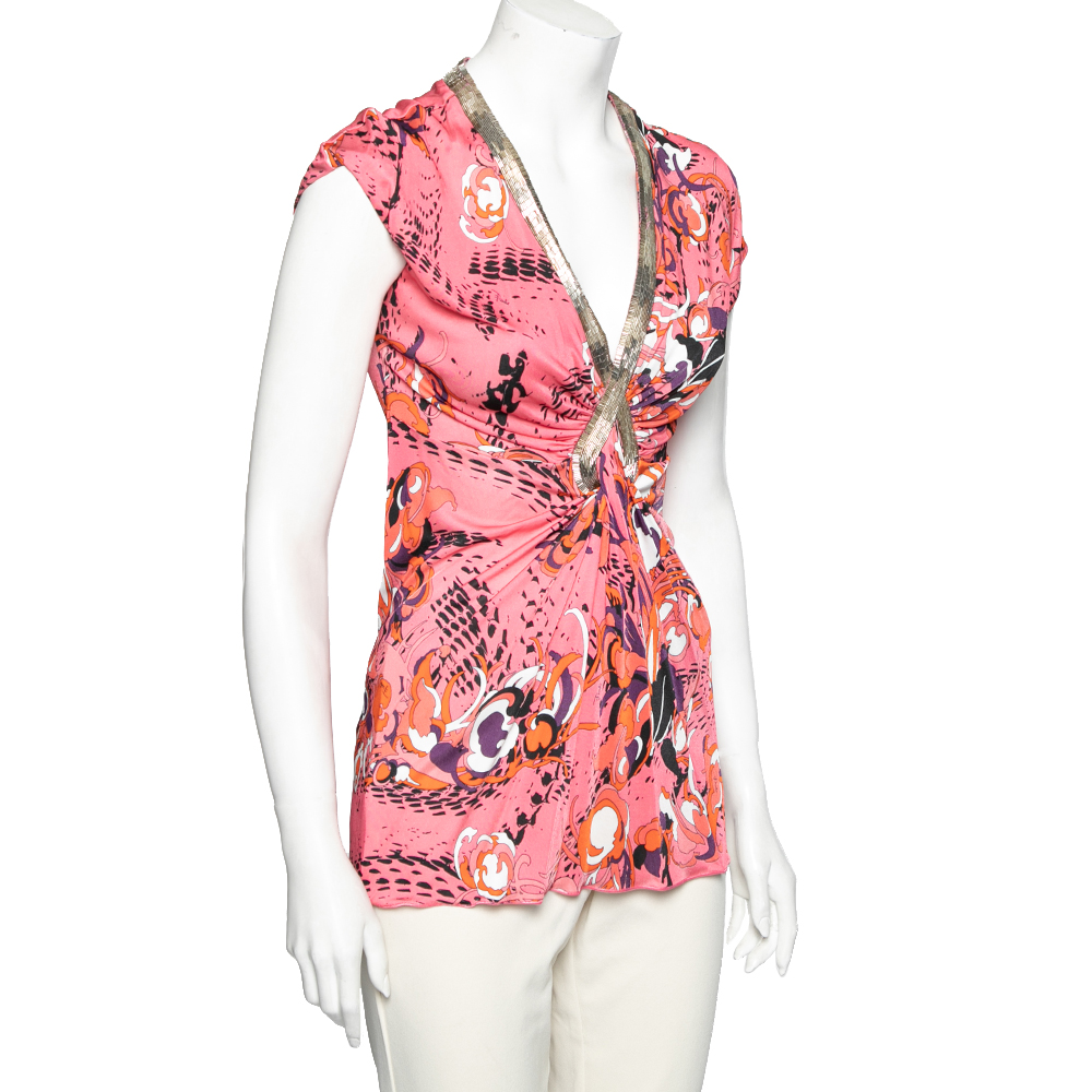 

Emilio Pucci Multicolor Printed Knit Embellished Ruched Front Top