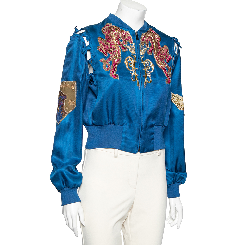 

Emilio Pucci Blue Embroidered Silk Zip Front Cropped Jacket