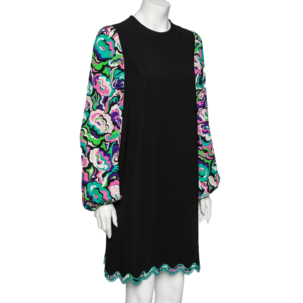 

Emilio Pucci Black Synthetic Floral Printed Bishop Sleeves Dress