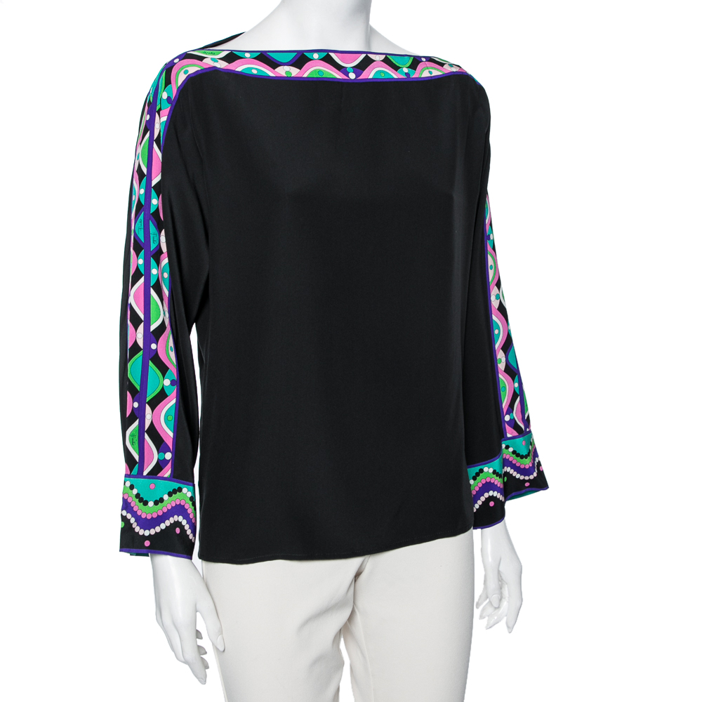 

Emilio Pucci Black Satin and Printed Trims Blouse