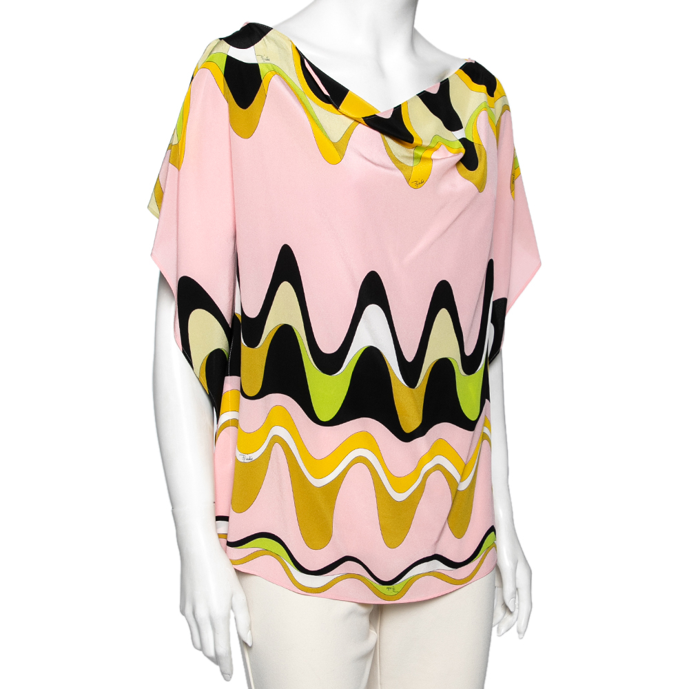 

Emilio Pucci Pink Wave Printed Silk Kaftan Blouse