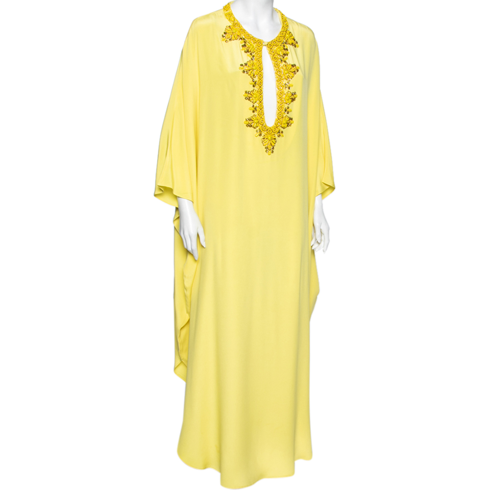 

Emilio Pucci Yellow Silk Bead Embellished Cut Out Detail Kaftan Maxi Dress
