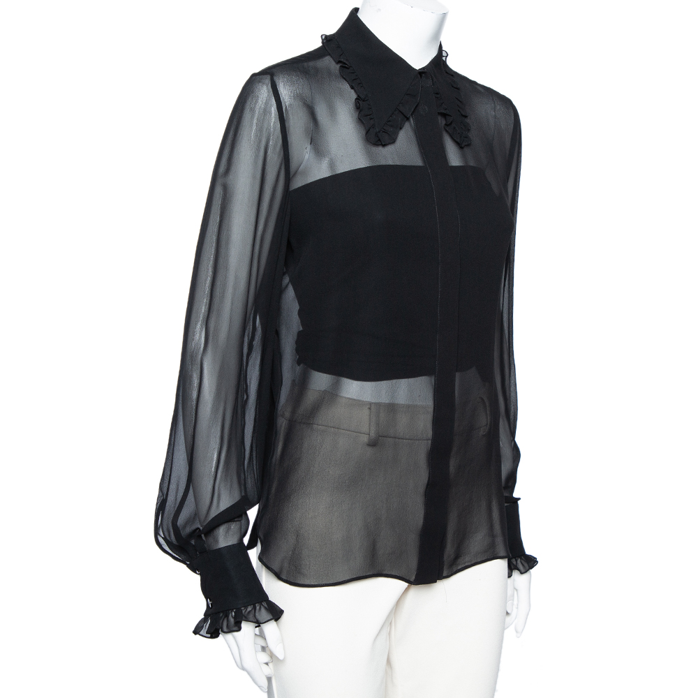 

Emilio Pucci Black Silk Ruffle Trim Detailed Button Front Shirt