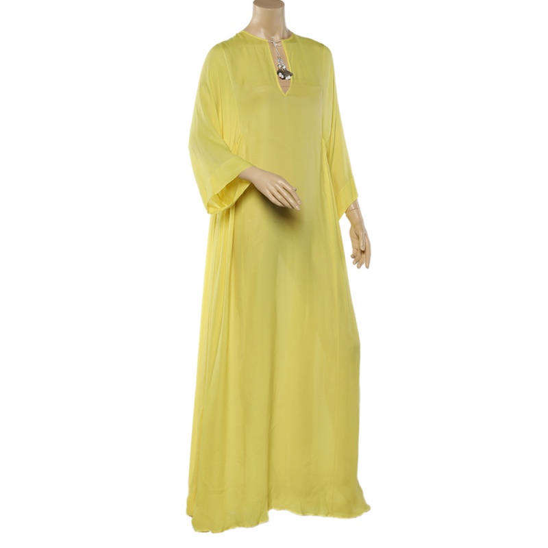 

Emilio Pucci Yellow Silk Pleated Detail Kaftan Maxi Dress
