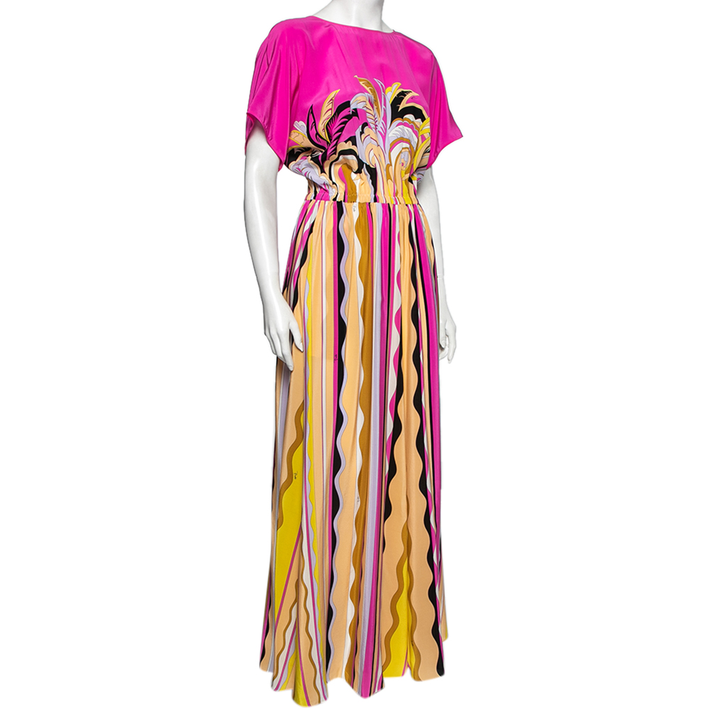 

Emilio Pucci Multicolor Printed Silk Elastic Waist Detail Maxi Dress