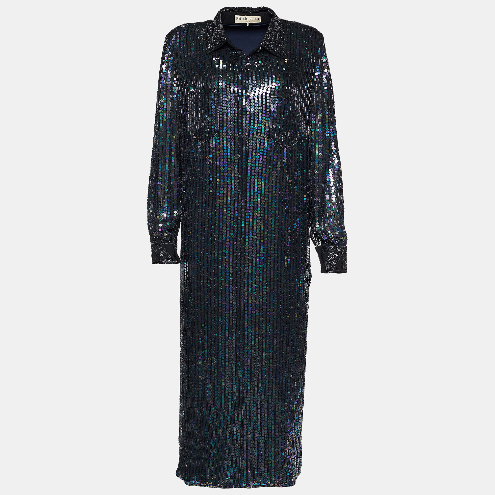 Pre-owned Emilio Pucci Metallic Sequin & Bead Embellished Silk Button Front Shirt Dress L
