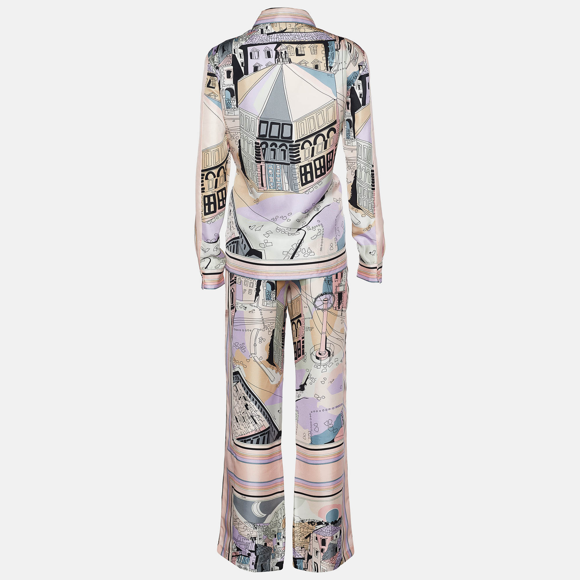 

Emilio Pucci Pale Pink Battistero Print Silk Palazzo Trousers & Shirt Set