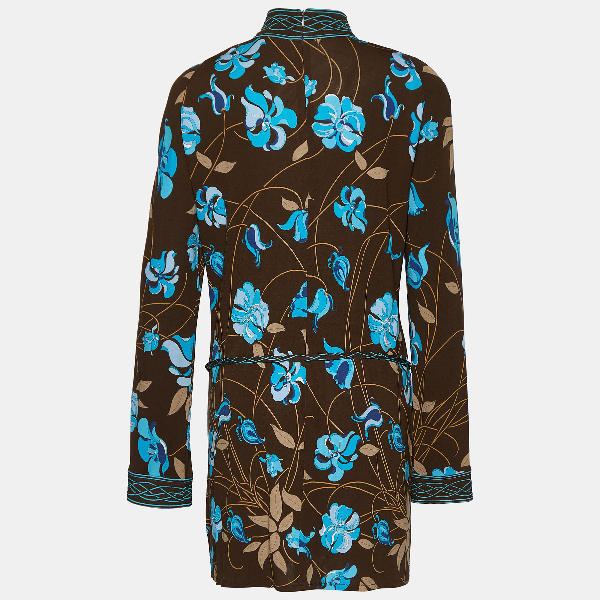 

Emilio Pucci Brown Floral Print Crepe Belted Tunic Top