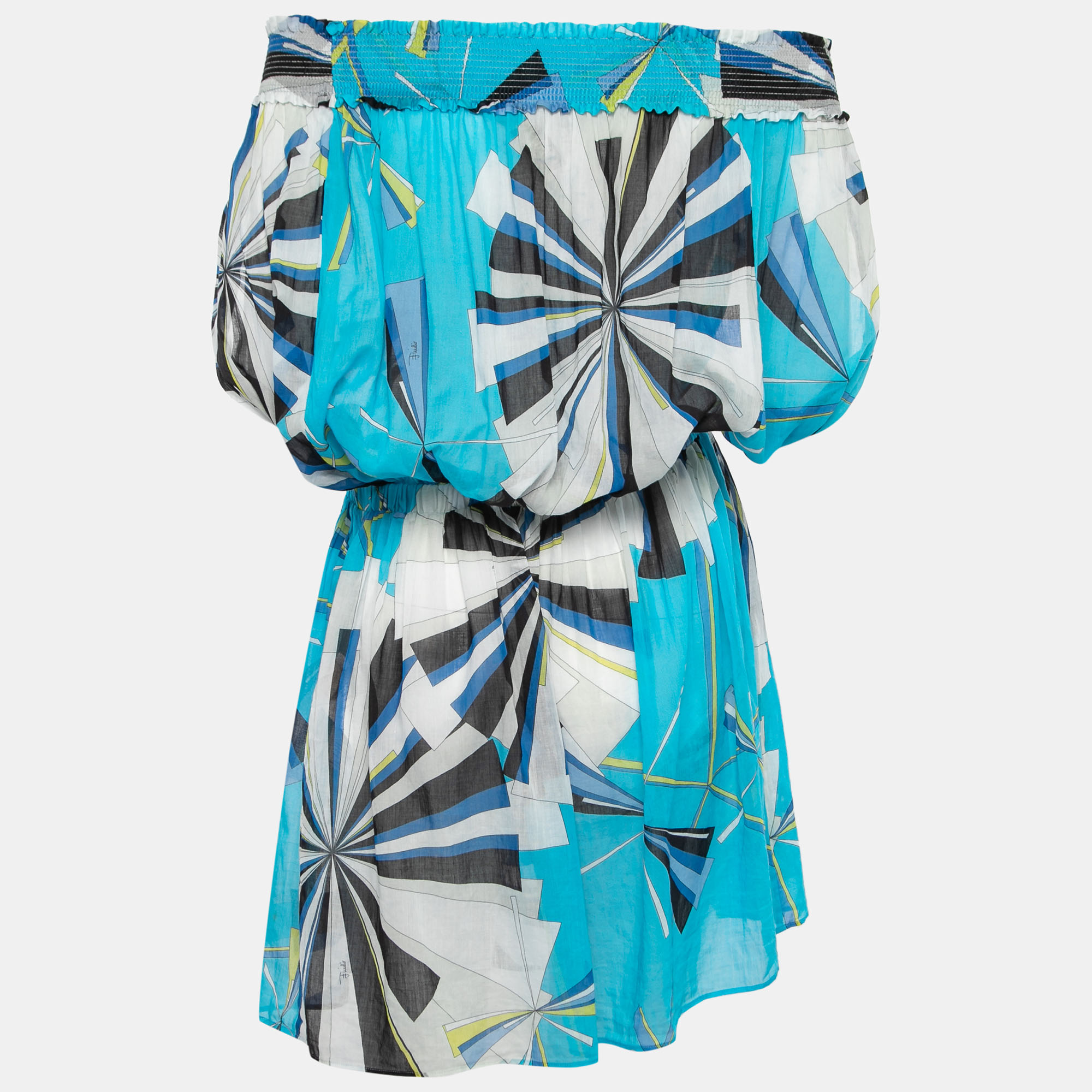 

Emilio Pucci Blue Printed Cotton Off-Shoulder Mini Dress