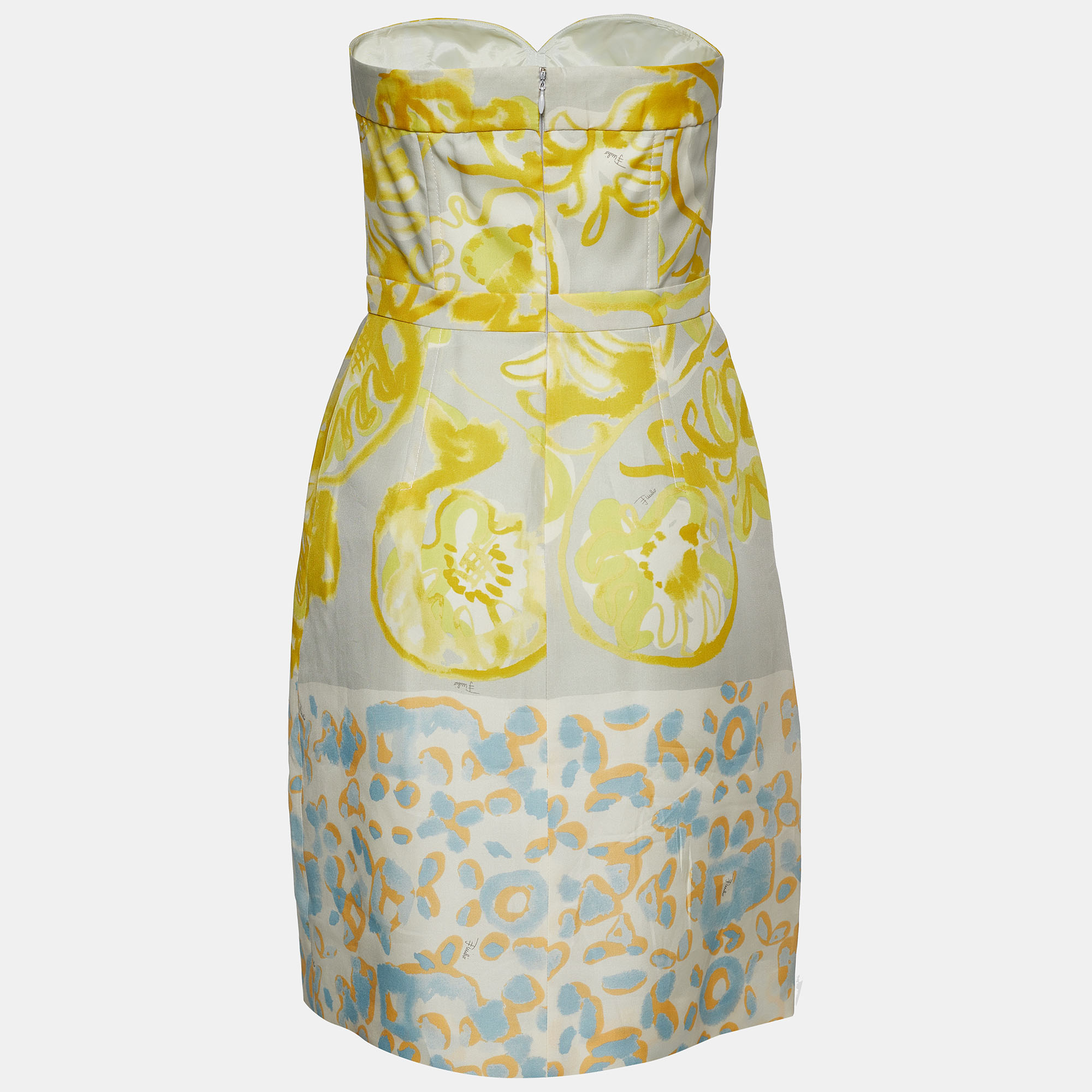 

Emilio Pucci Yellow Printed Silk Strapless Mini Dress