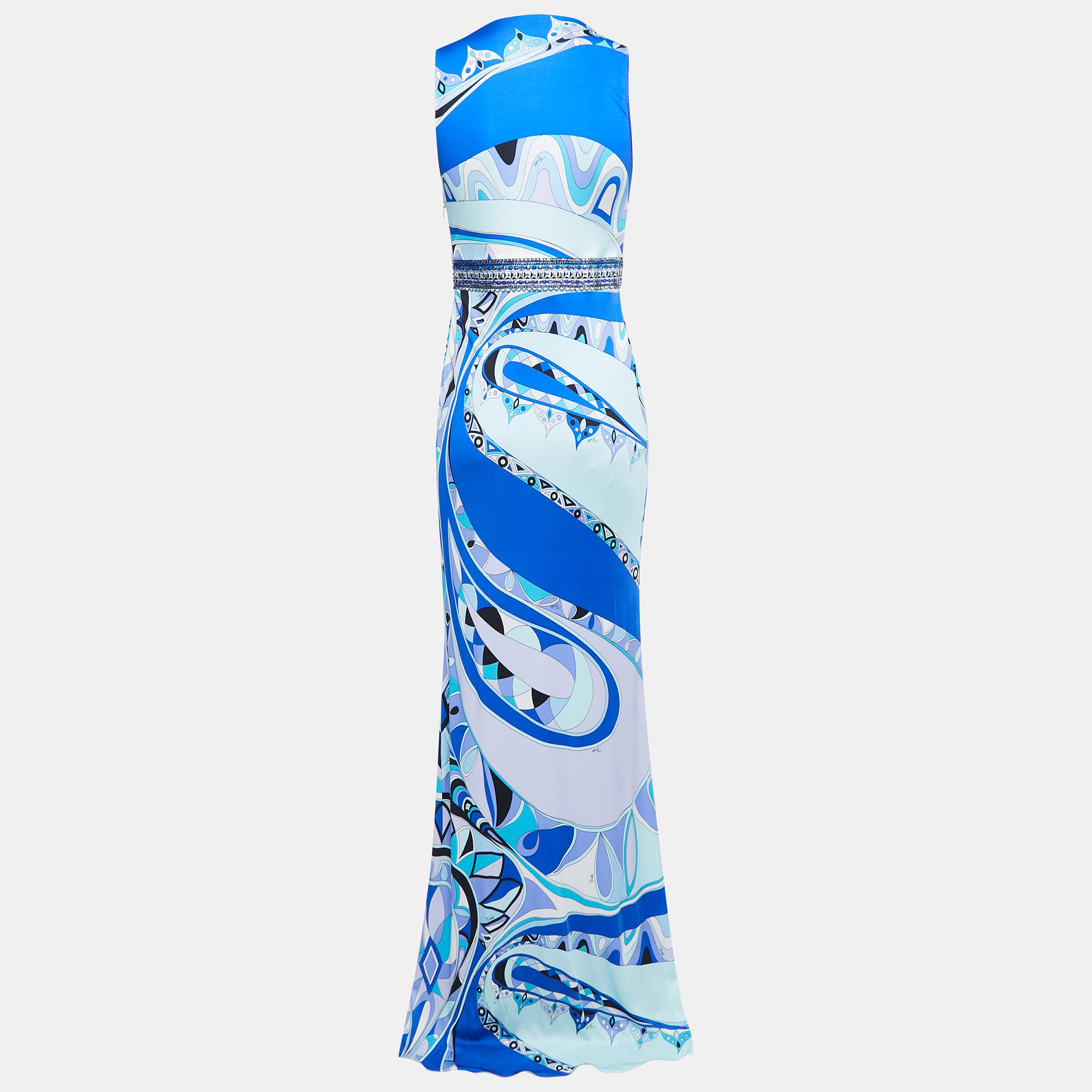 

Emilio Pucci Blue Printed Stretch Knit Embellished Sleeveless Long Dress