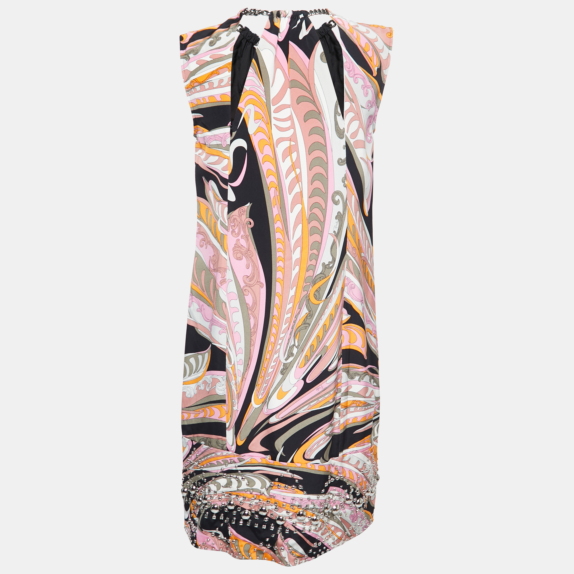 

Emilio Pucci Multicolor Printed Silk Embellished Hem Sleeveless Shift Dress
