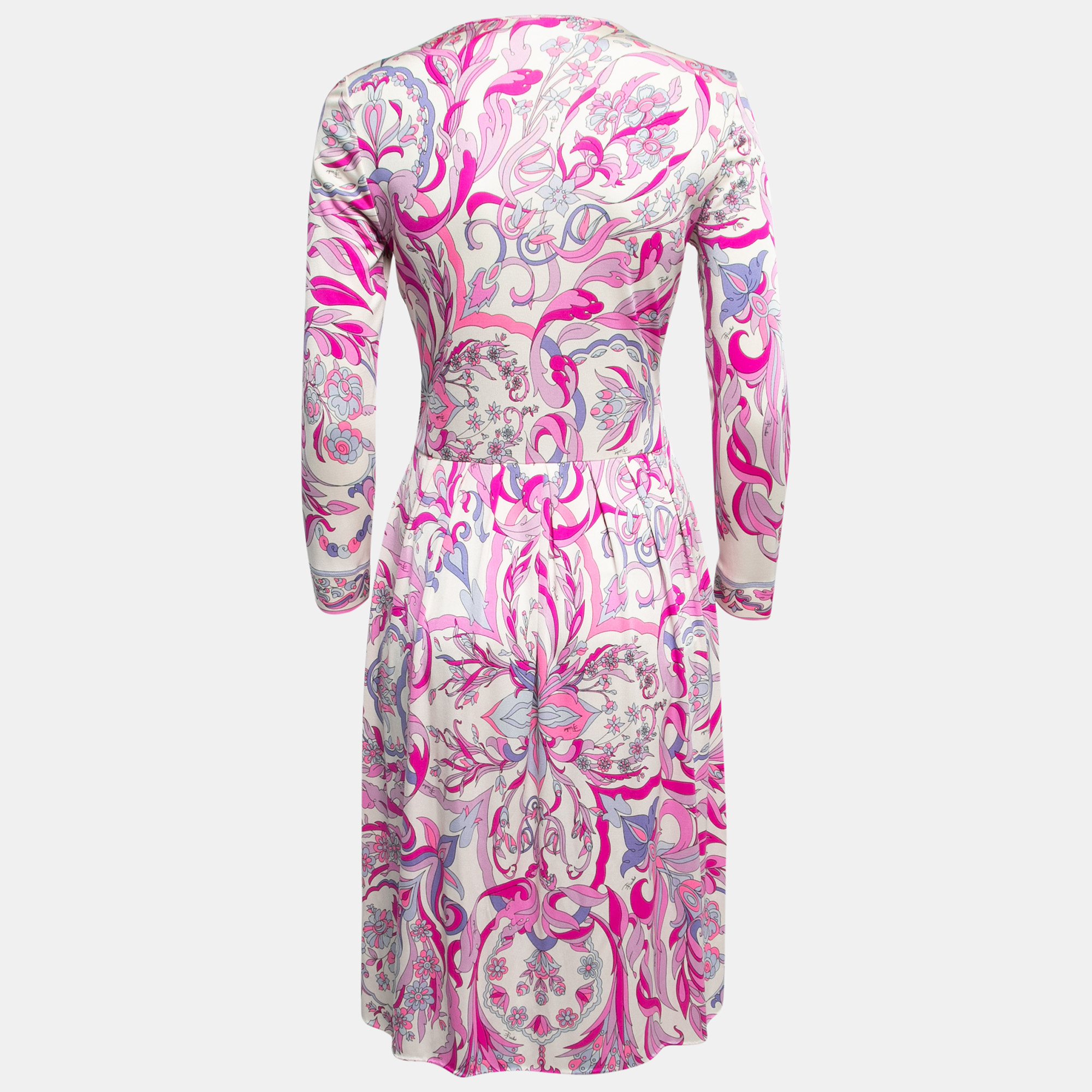 

Emilio Pucci White/Pink Printed Silk Ruched Long Sleeve Midi Dress