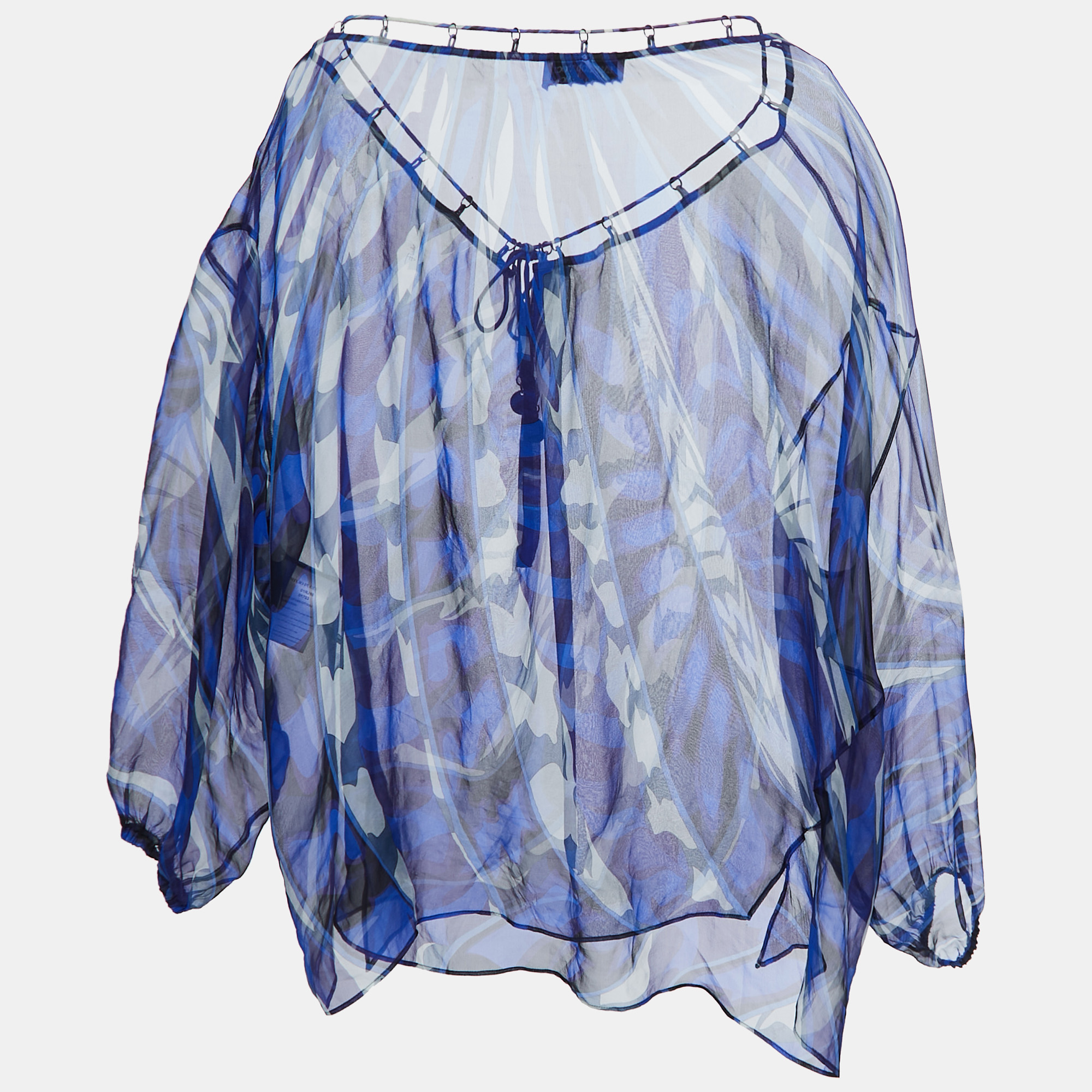 

Emilio Pucci Blue Printed Silk Sheer Neck Tie Detail Full Sleeve Top