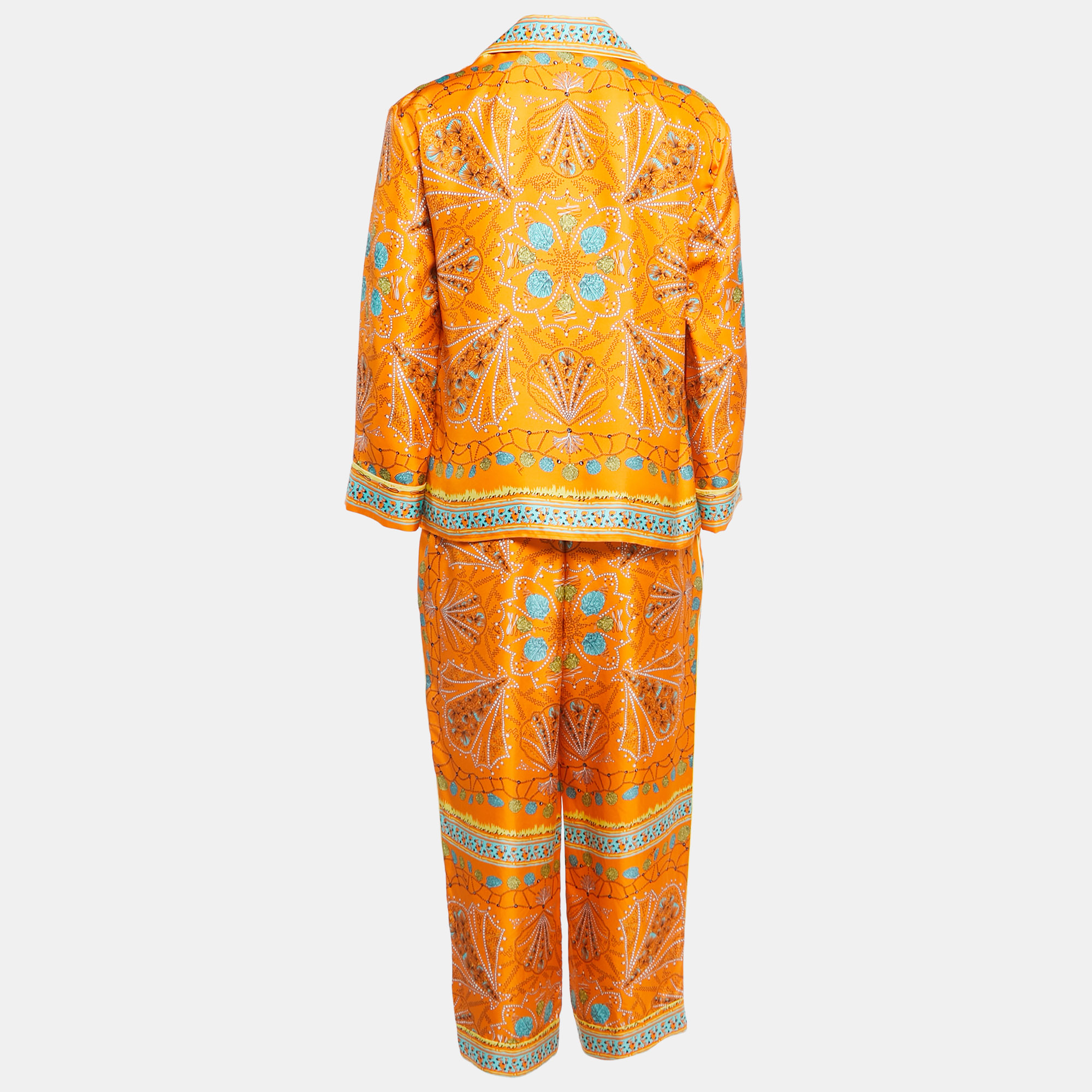 

Emilio Pucci Orange Conchiglie Print Silk Pant Shirt Set