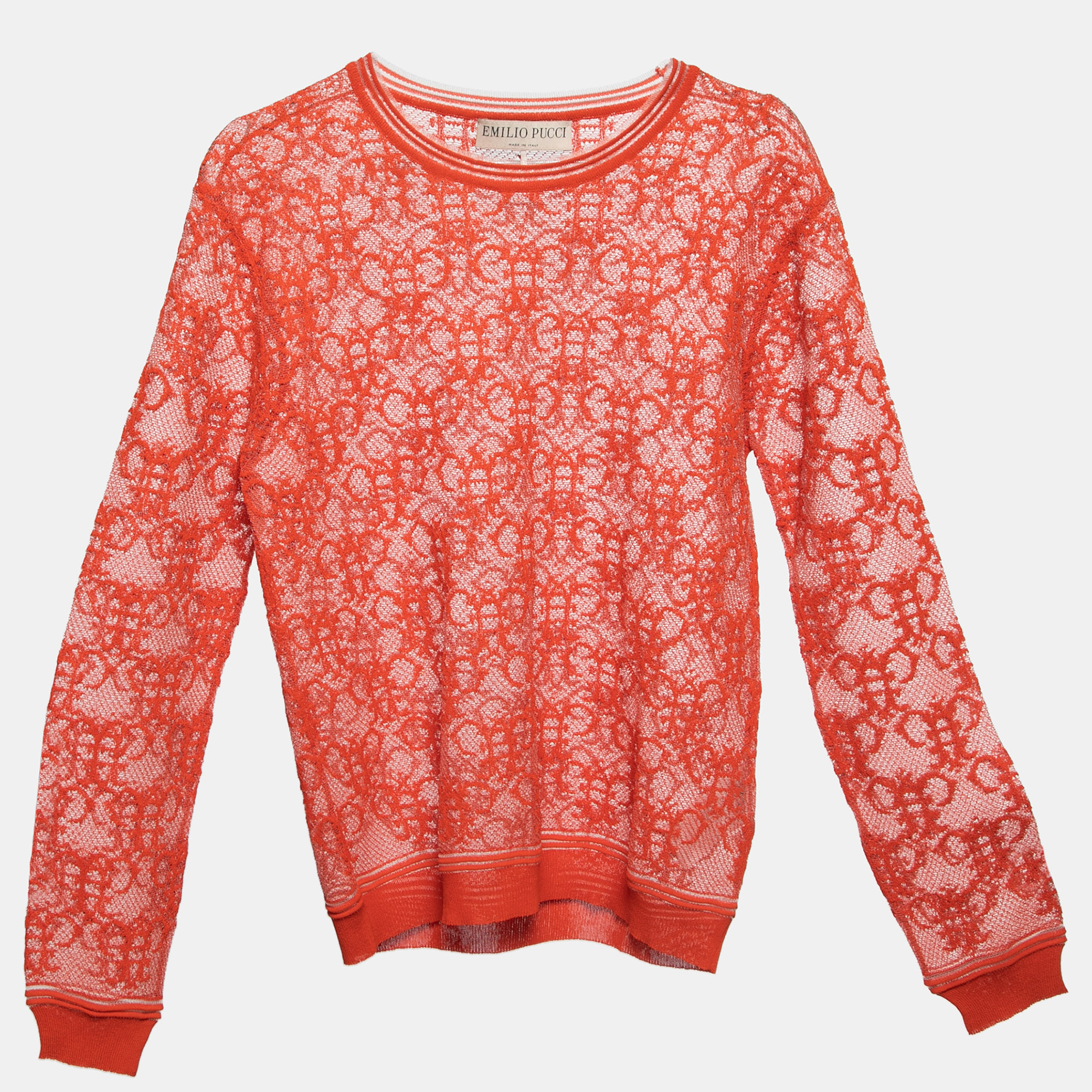 

Emilio Pucci Orange Bee Patterned Mesh Knitted Top M