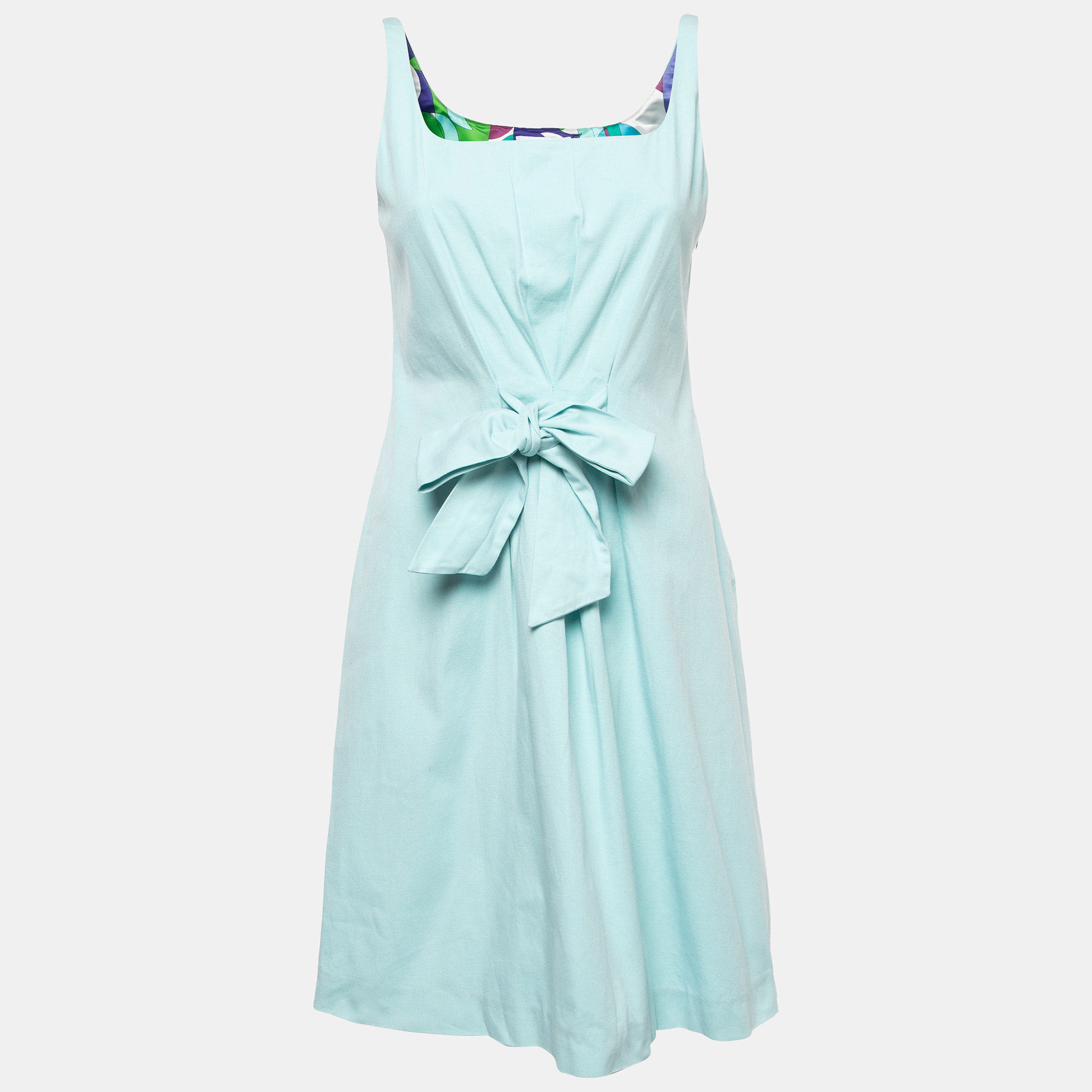 Pre-owned Emilio Pucci Light Blue Cotton Waist Tie Detail Sleeveless Mini Dress M