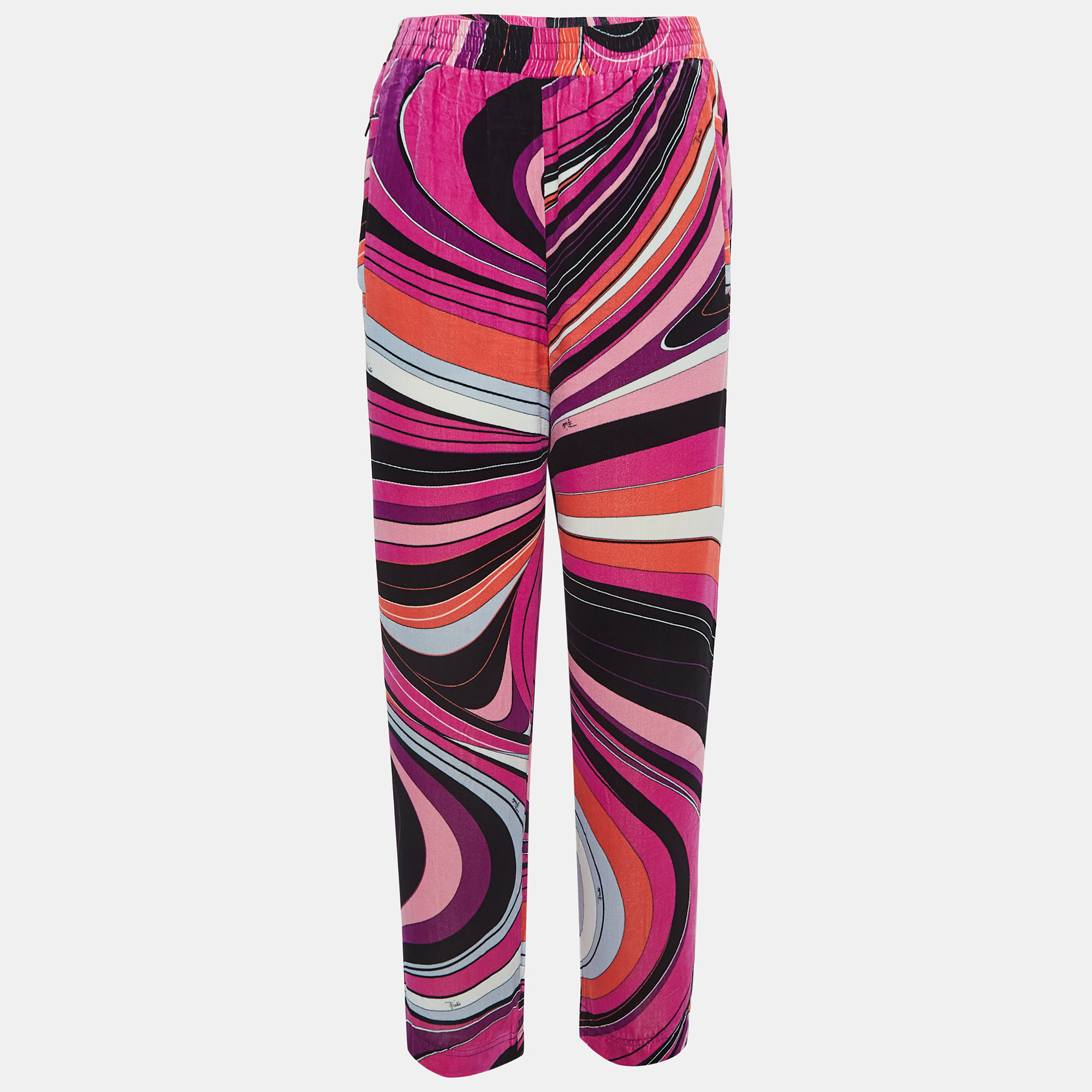 Pre-owned Emilio Pucci Pink Print Velvet Elasticated Waist Pants M In Multicolor