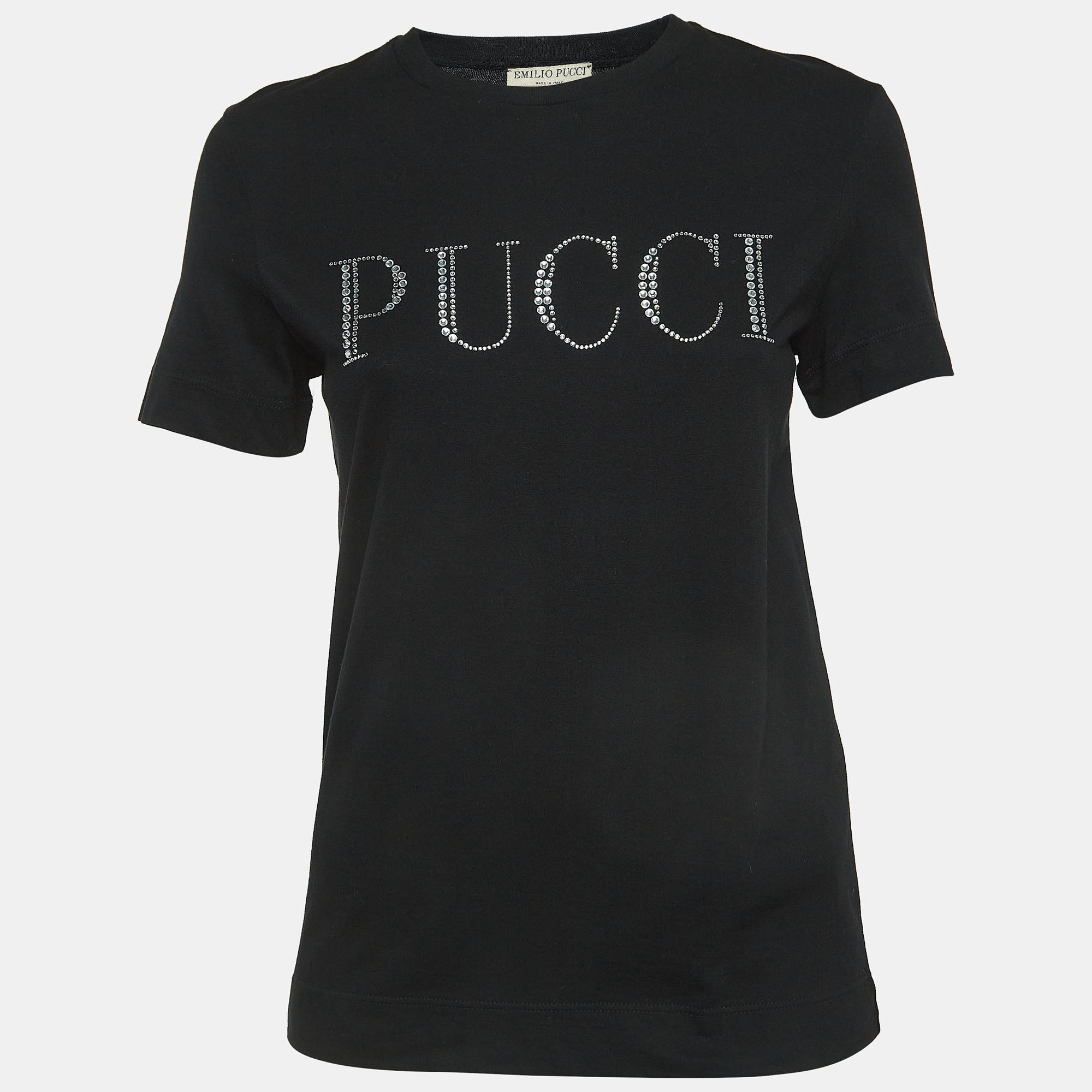 

Emilio Pucci Black Rhinestone-Embellished Logo Cotton Jersey T-Shirt S