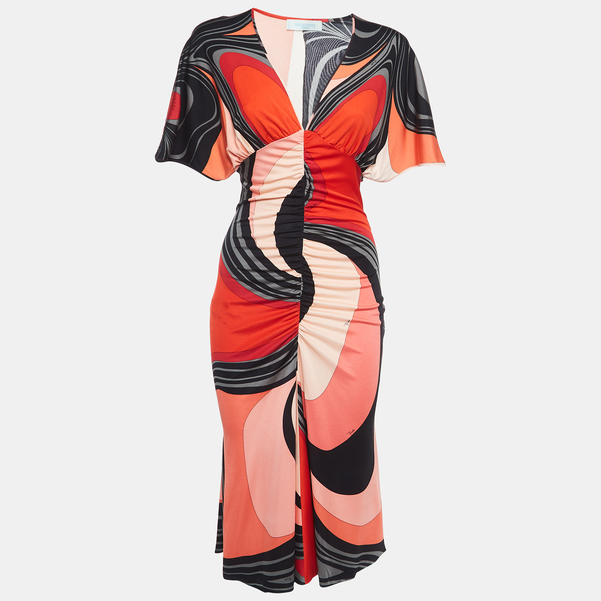 

Emilio Pucci Vintage Multicolor Print Silk Ruched Maxi Dress