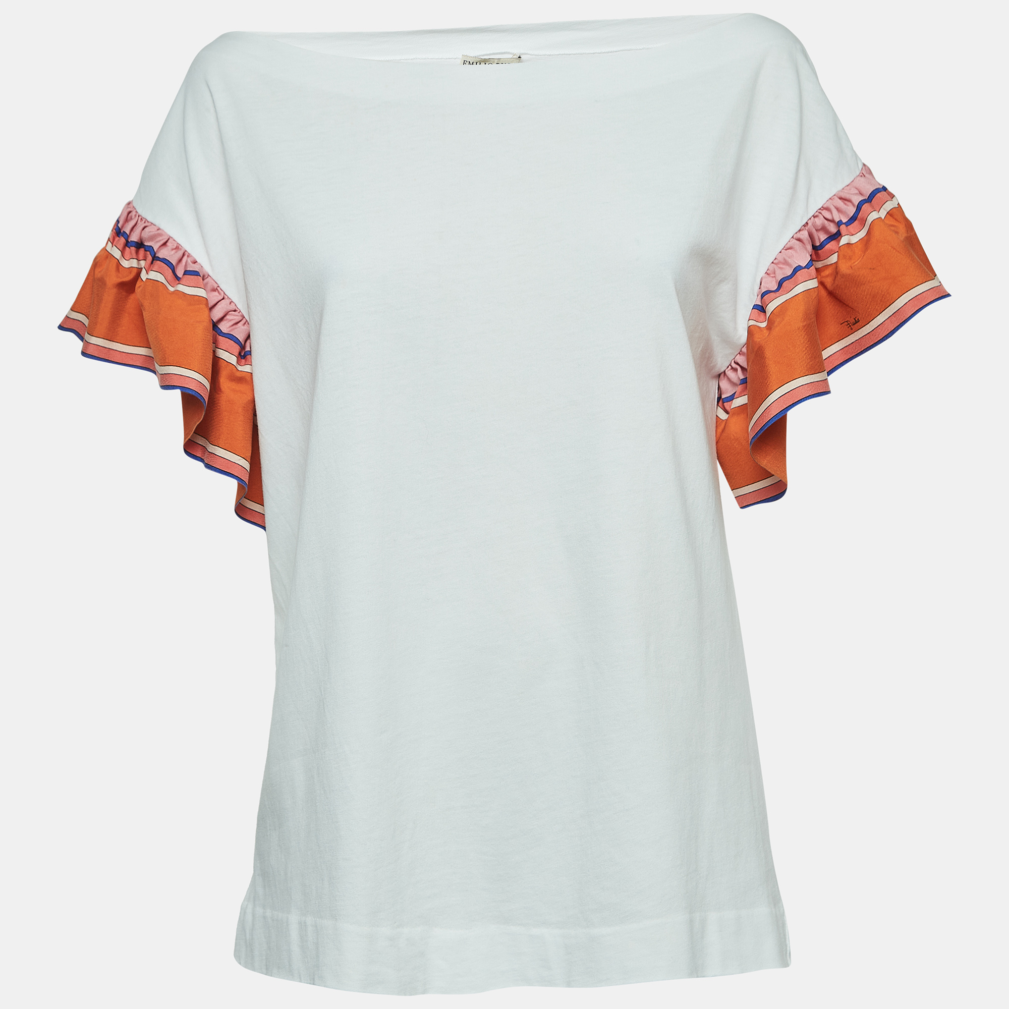 

Emilio Pucci White Cotton Knit Contrast Flutter Sleeve T-Shirt M