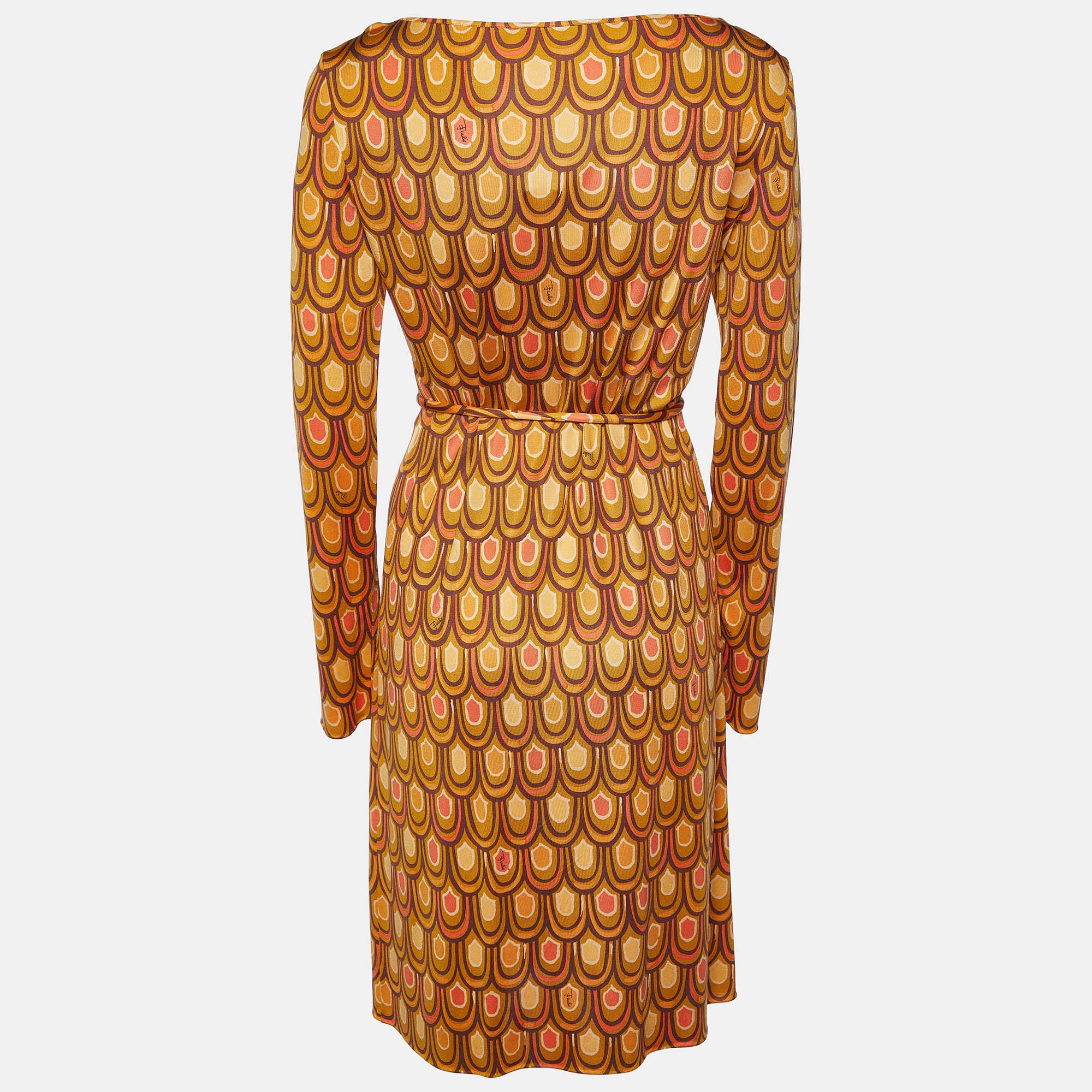 

Emilio Pucci Brown Scallop Print Silk Jersey Belted Shift Dress