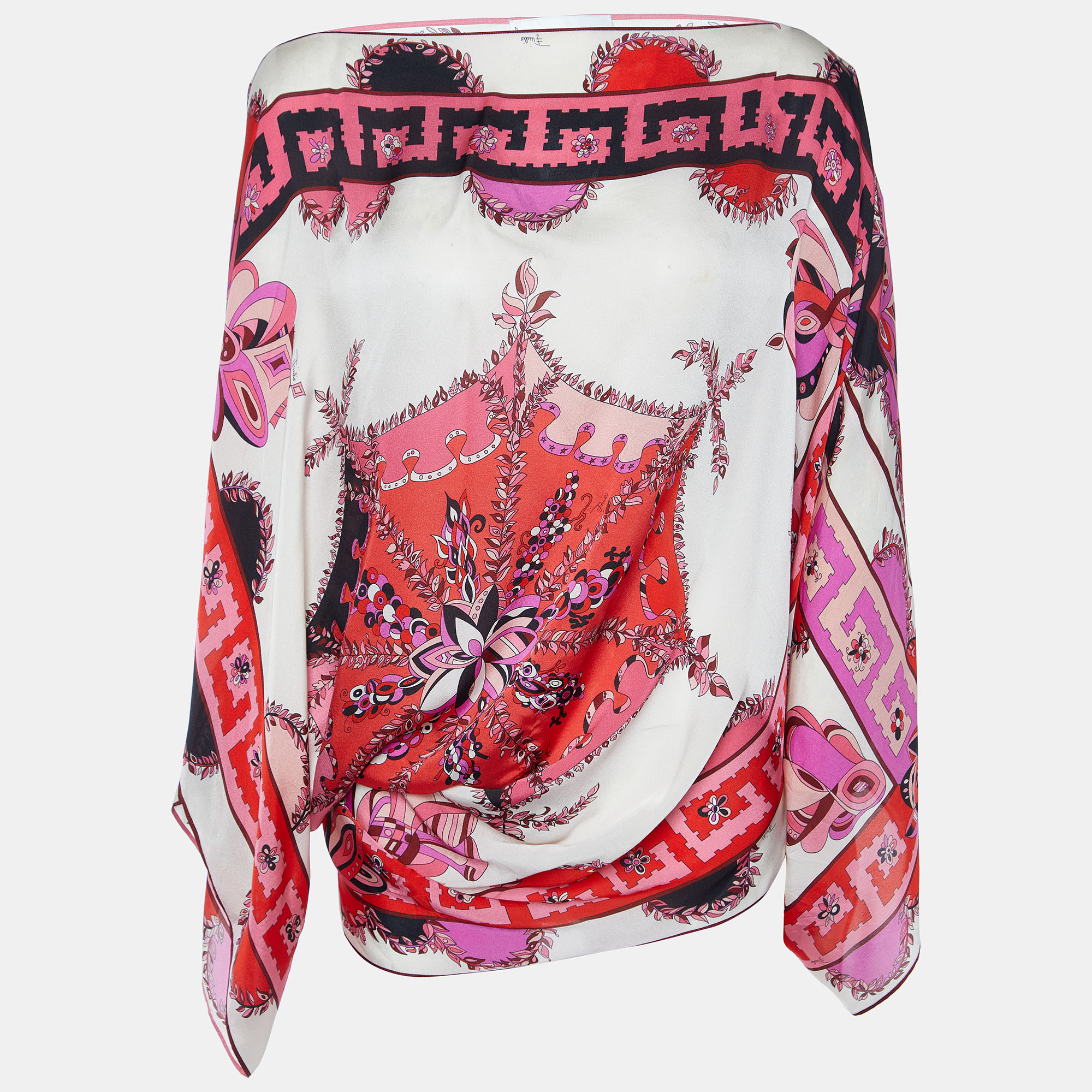 

Emilio Pucci Ivory/Pink Floral Print Silk Kaftan Blouse, White