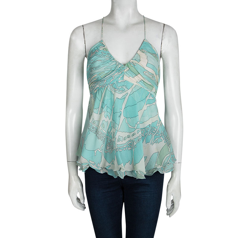 

Emilio Pucci Blue Printed Silk Ruched Sleeveless Y Back Top