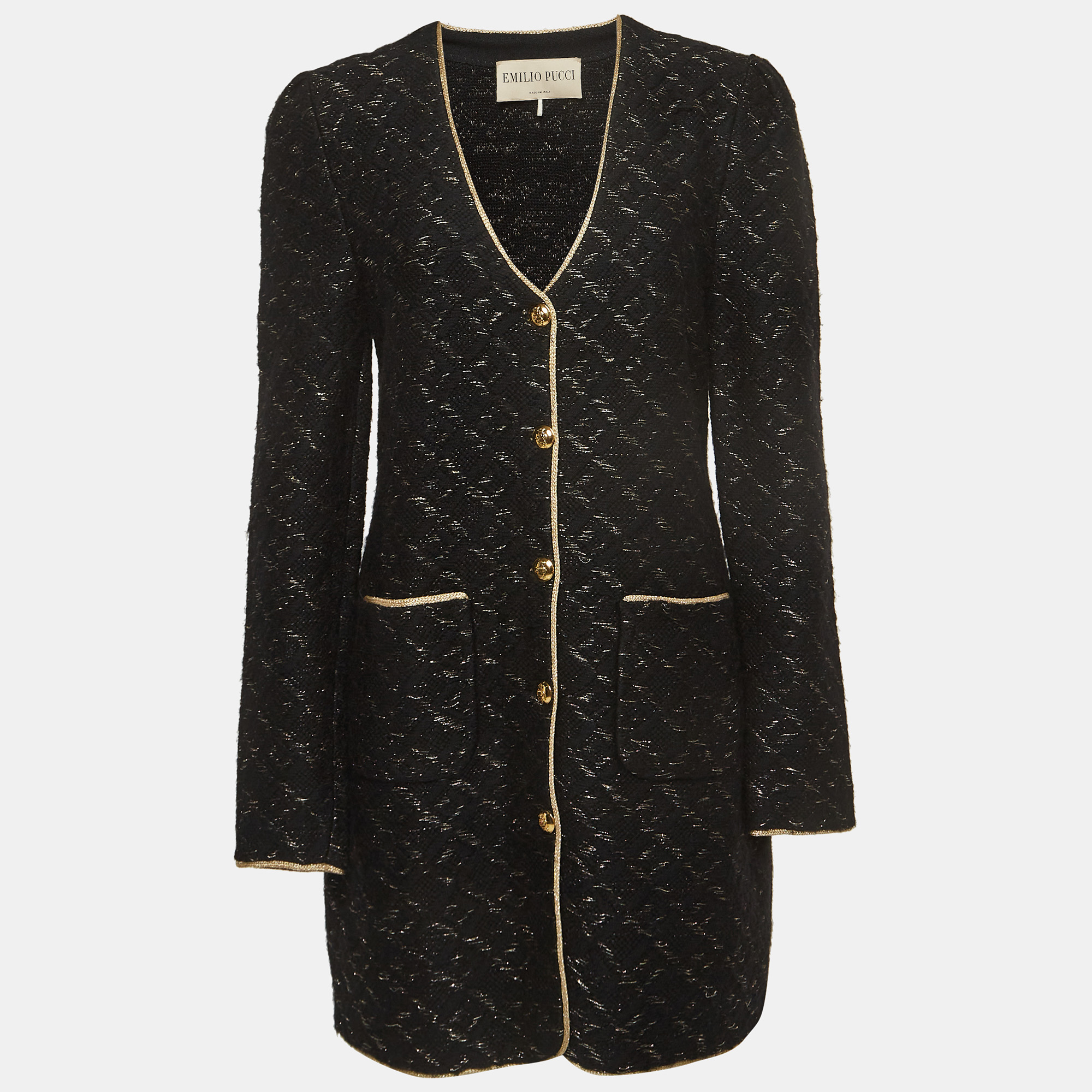 

Emilio Pucci Black and Gold Trim Thick Knit Buttoned Coat XL