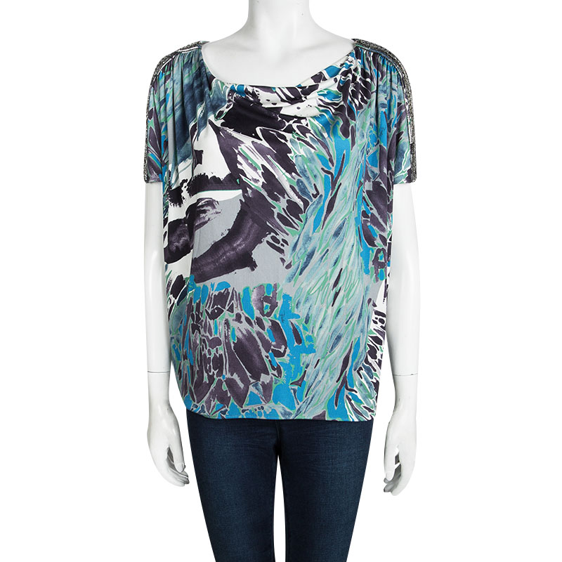 

Emilio Pucci Multicolor Printed Silk Embellished Short Sleeve Top