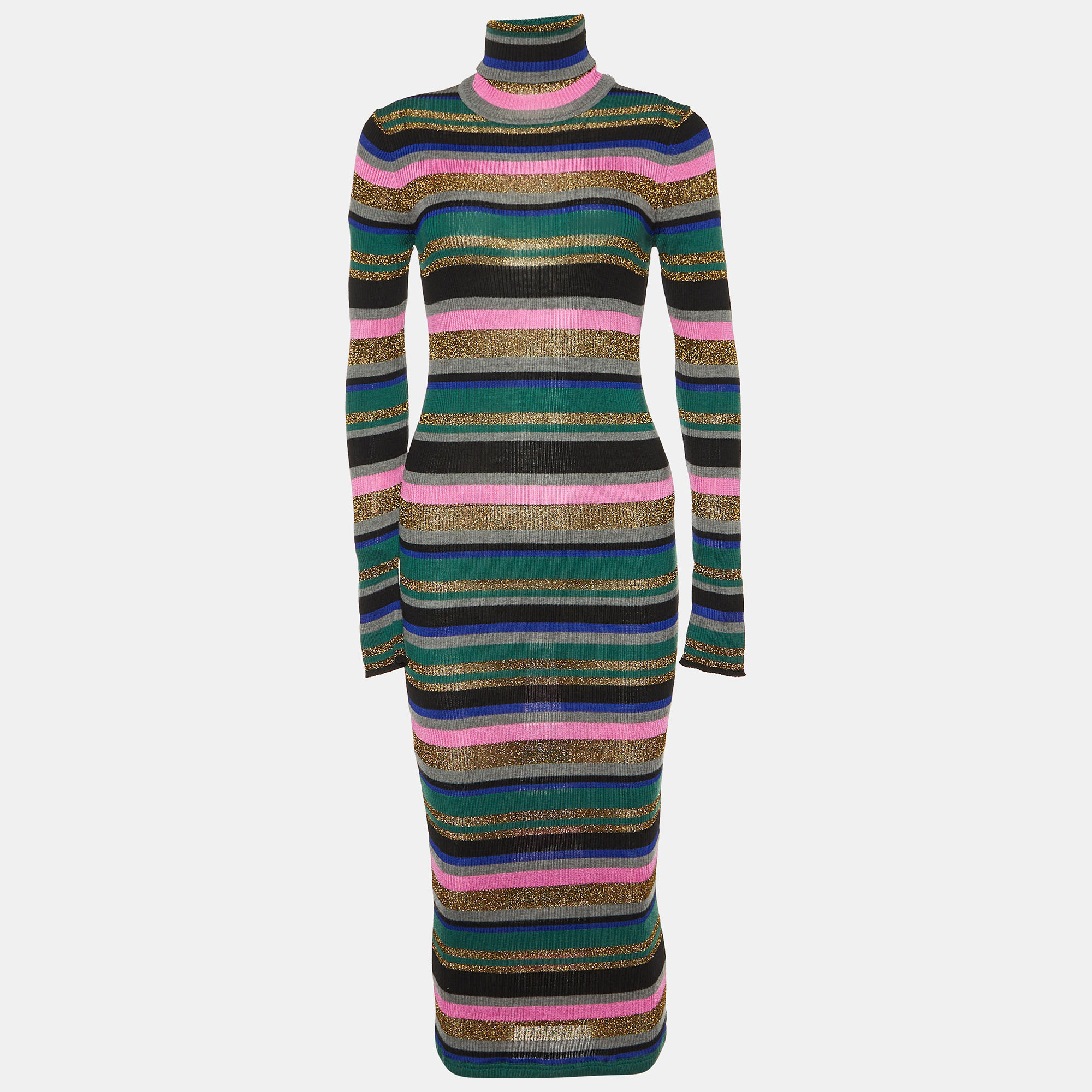 Pre-owned Emilio Pucci Multicolor Striped Lurex Knit Turtleneck Dress M