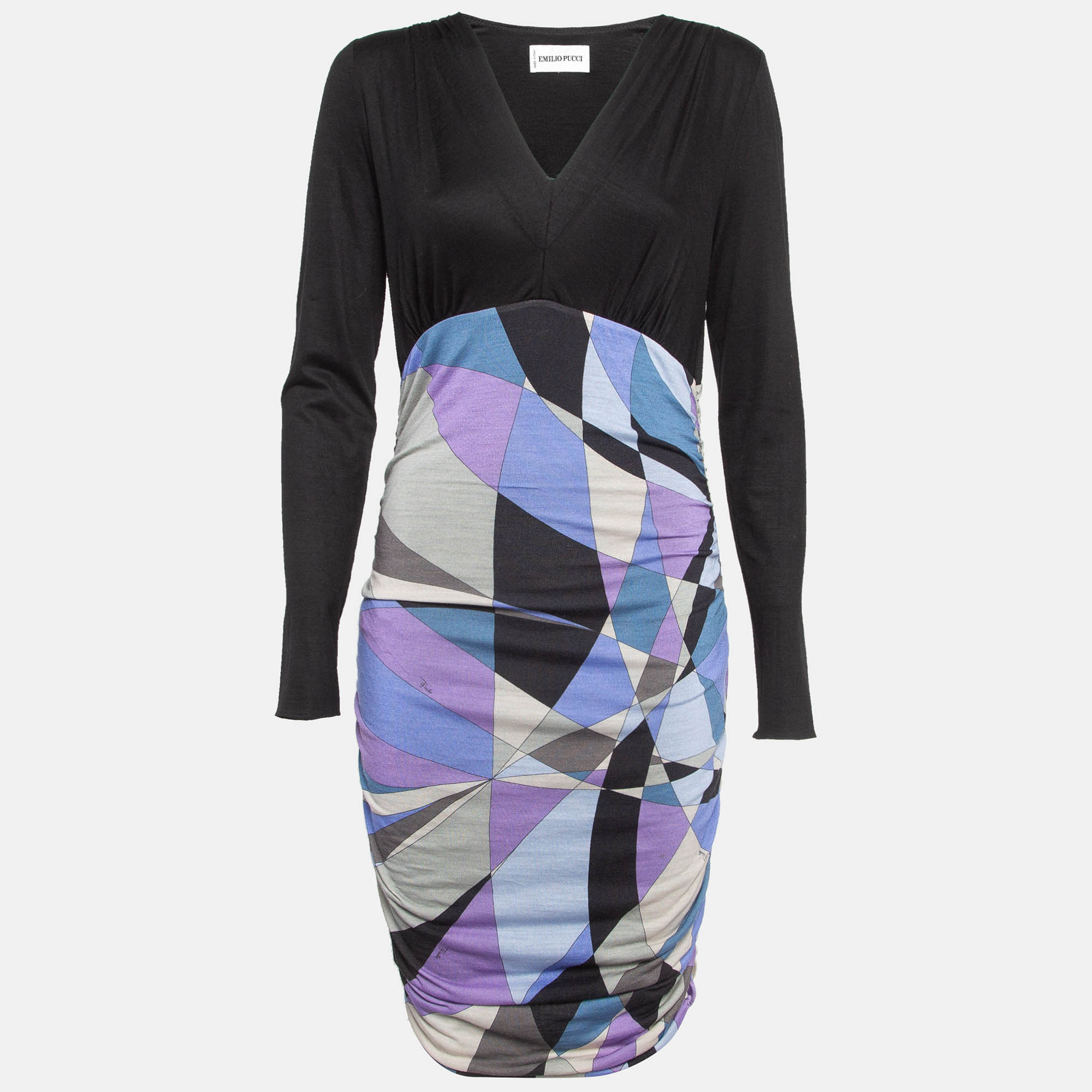 

Emilio Pucci Multicolor Print Wool Blend Knit Ruched Dress