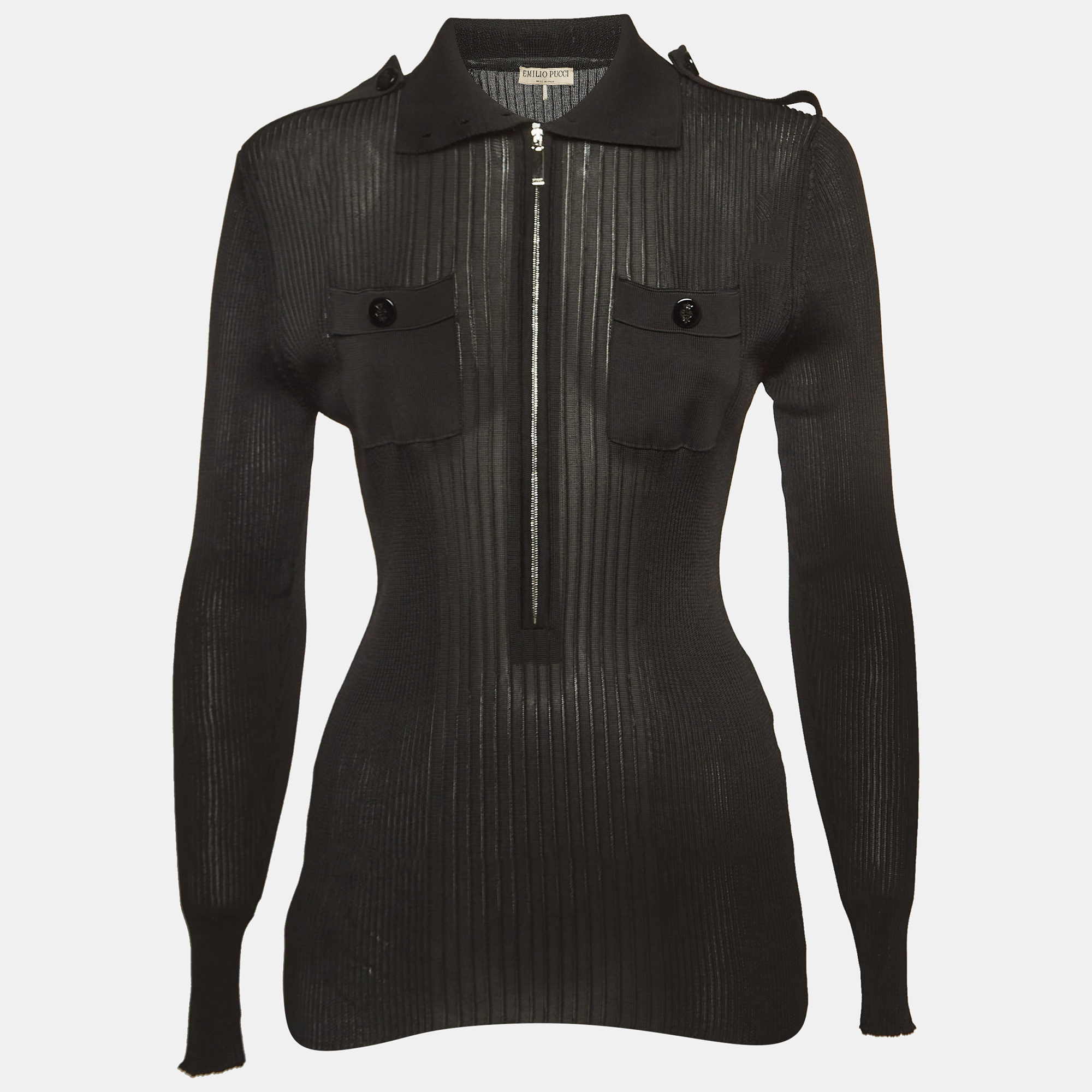 

Emilio Pucci Black Jersey Rib Knit Zip Front Polo T-Shirt L