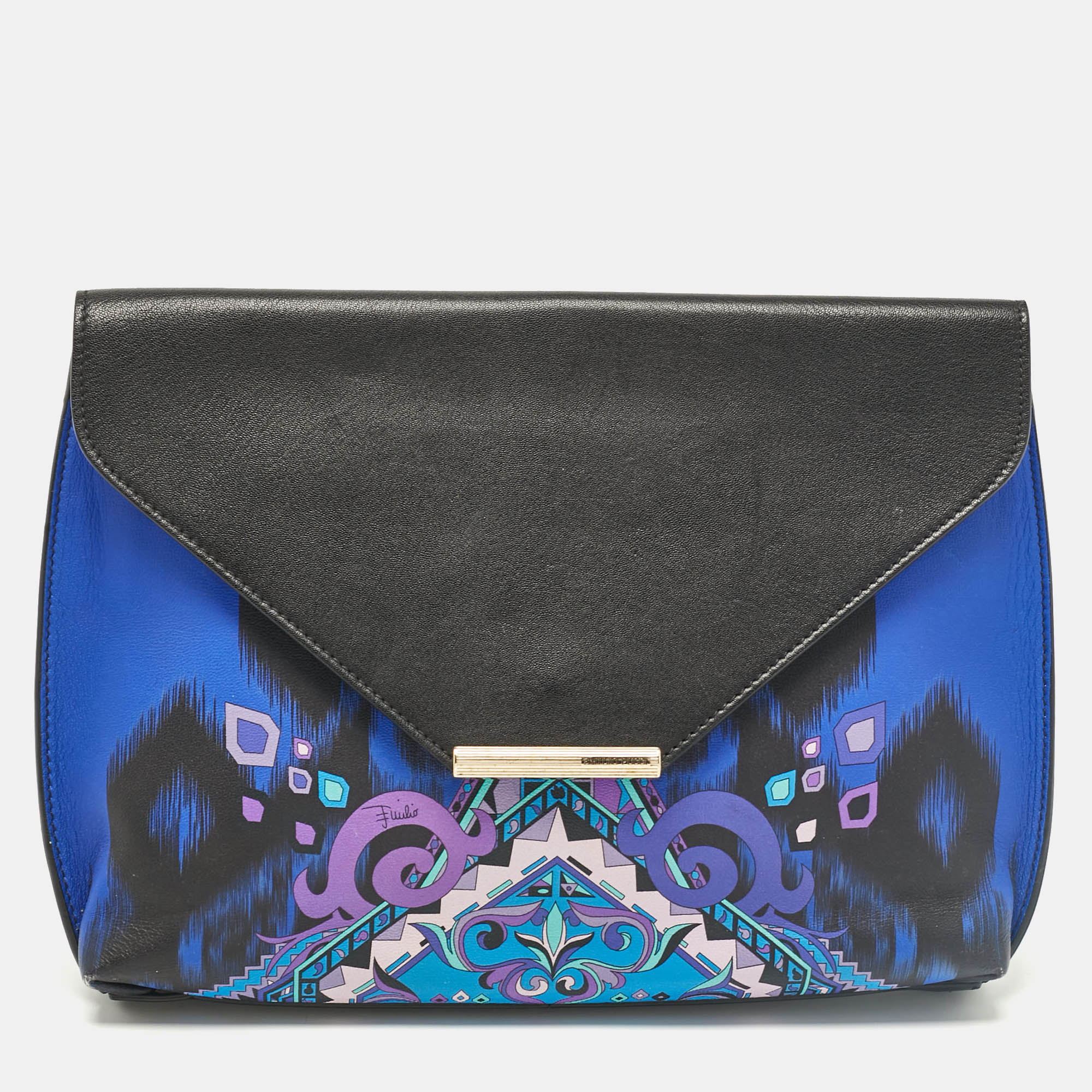 Pre-owned Emilio Pucci Black/blue Newton Print Leather Envelope Clutch