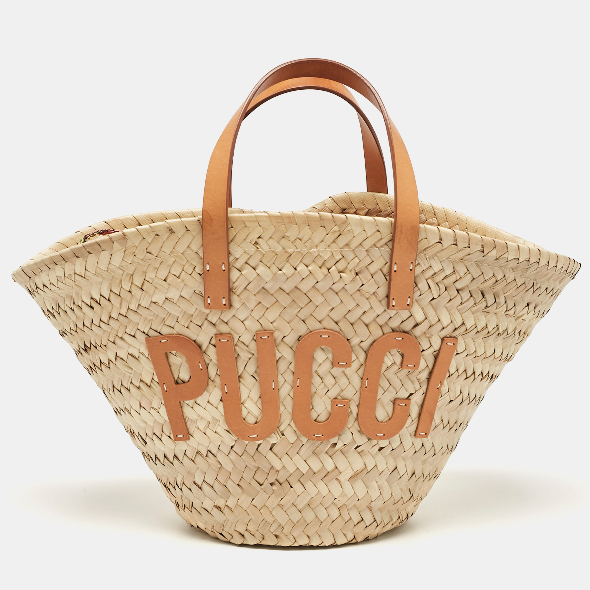 

Emilio Pucci Tan/Natural Raffia and Leather  Logo Basket Bag