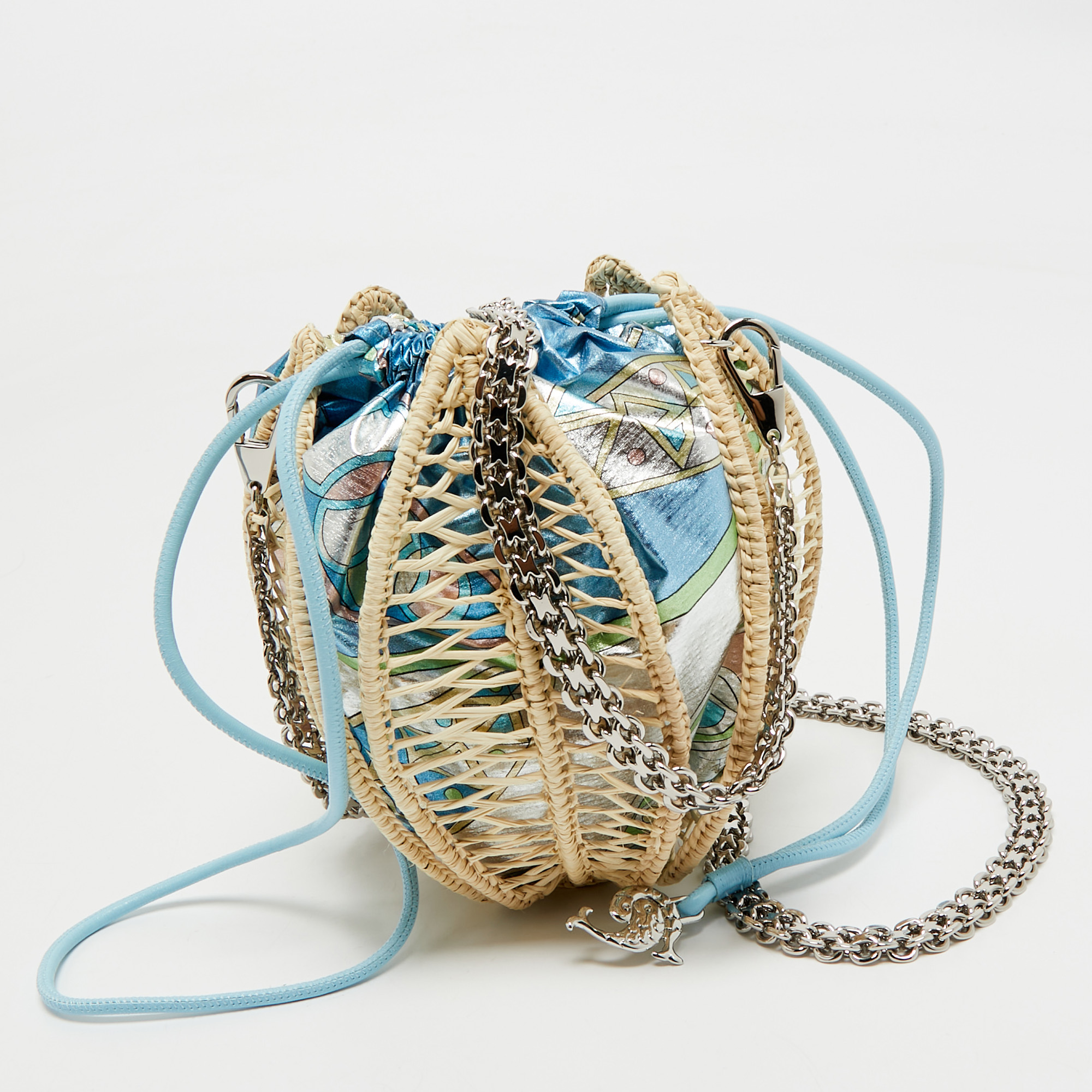 Pre-owned Pucci Blue/cream Printed Satin And Wicker Chain Bucket Bag