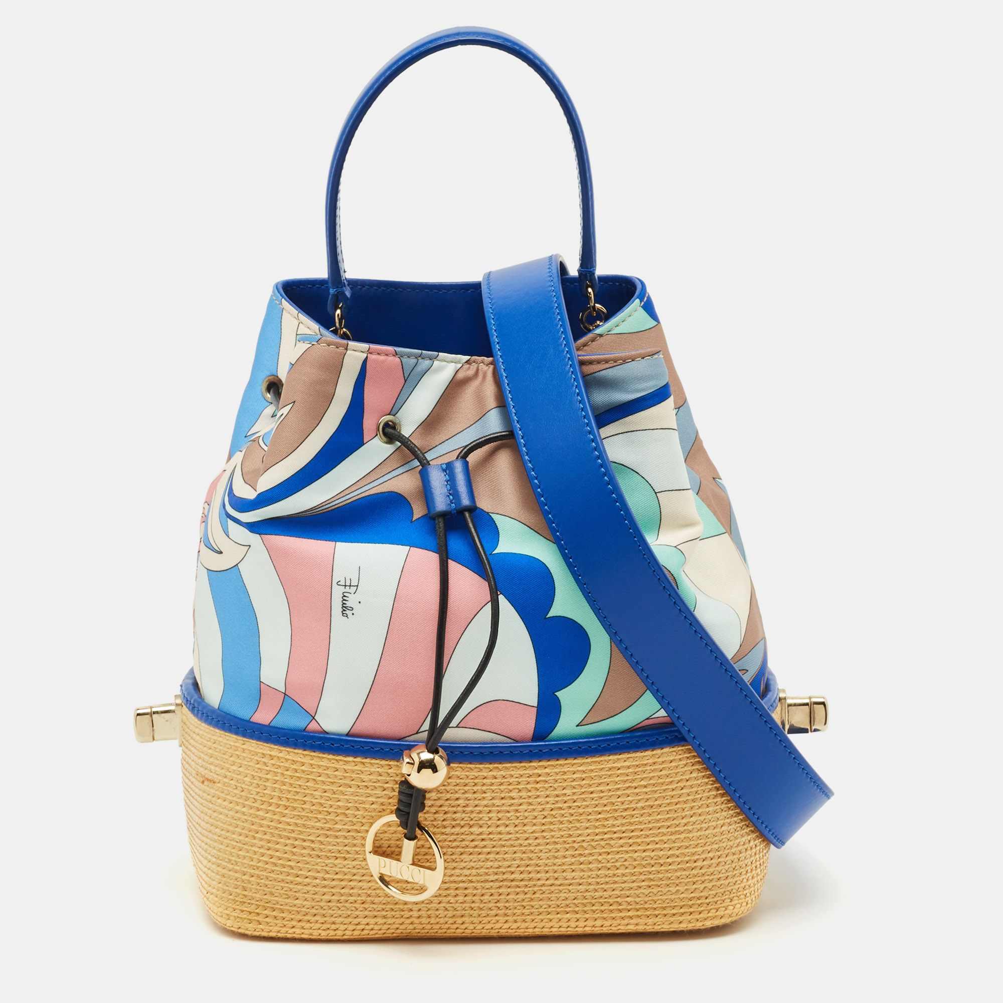 

Emilio Pucci Bonita Multicolor Printed Satin and Woven Straw Bucket Bag