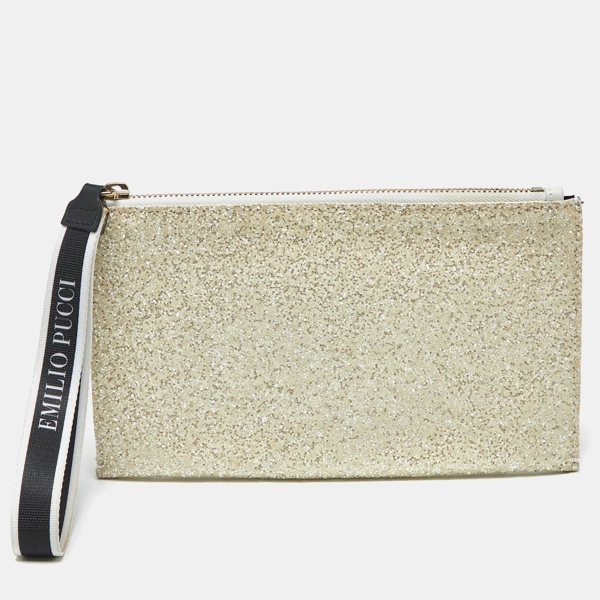 Pre-owned Pucci Off White White Glitter And Satin Wristlet Pouch