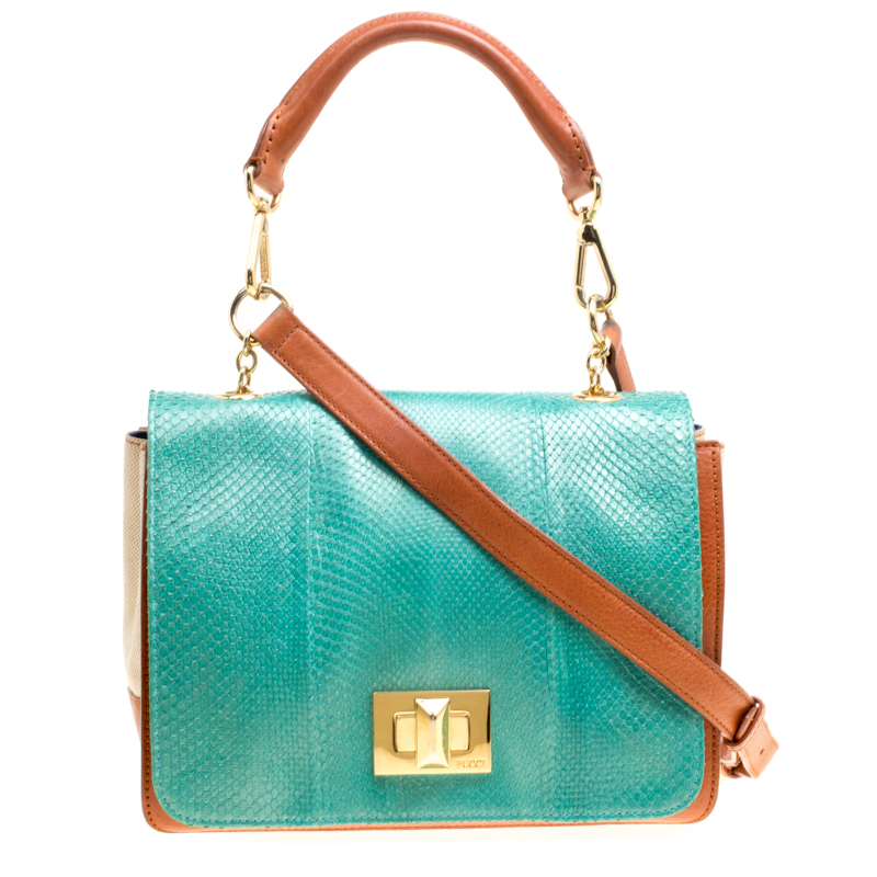 Emilio Pucci Multicolor Snakeskin/Canvas and Leather Top Handle Bag